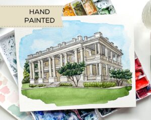 Hand Painted watercolor wedding venue portrait of a hotel by Colle Creative.