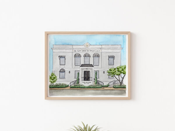 A watercolor painting of The Mason in Dallas, TX - a wedding venue.