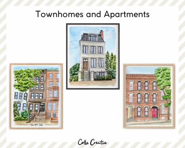 A collection of three custom watercolor house portraits by Colle Creative that are of townhomes and apartments.