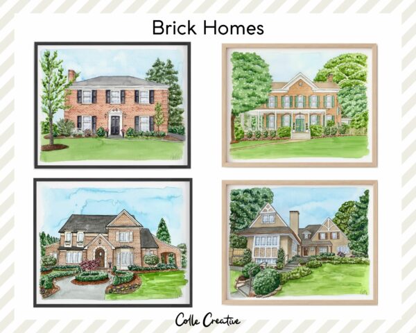 A collection of four custom watercolor house portraits by Colle Creative that all have brick exteriors.