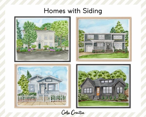 A collection of four custom watercolor house portraits by Colle Creative that all have siding.