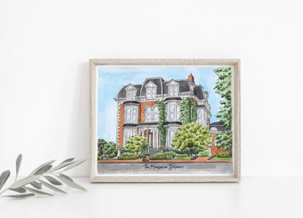 A watercolor painting of a wedding venue with a red brick exterior.