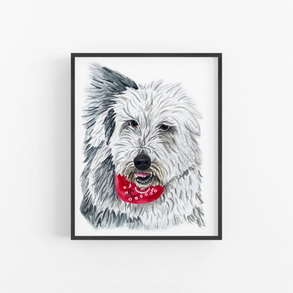 A framed hand painted watercolor dog portrait of a sheepdog wearing a bandana