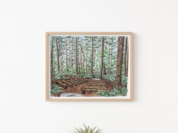 A hand-painted portrait of a wedding ceremony venue set in the woods.