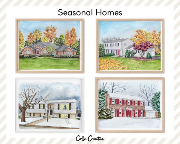 A collection of four custom watercolor house portraits by Colle Creative that are painted in the fall with colorful leaves or painted in the winter with snow.