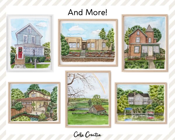 A collection of six custom watercolor house portraits by Colle Creative. It's a variety of home types including adobe style, Spanish style, townhomes, lake houses, and unique home exteriors.