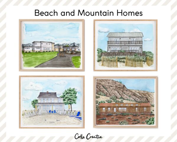 A collection of custom watercolor house portraits by Colle Creative that are all beach homes or mountain homes.