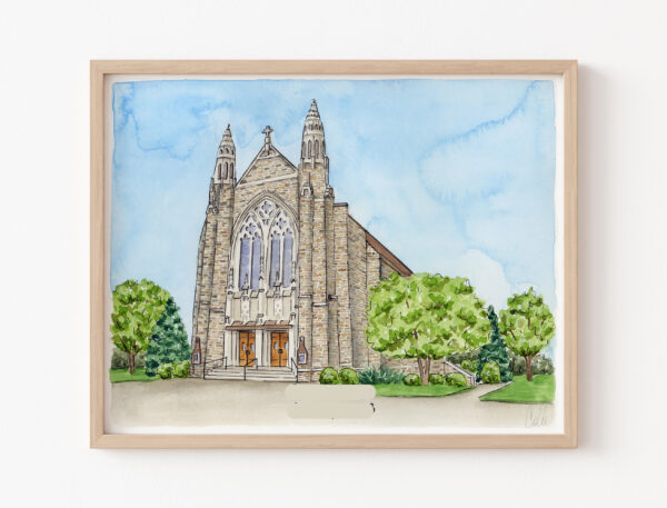 A framed watercolor painting of a stone church.