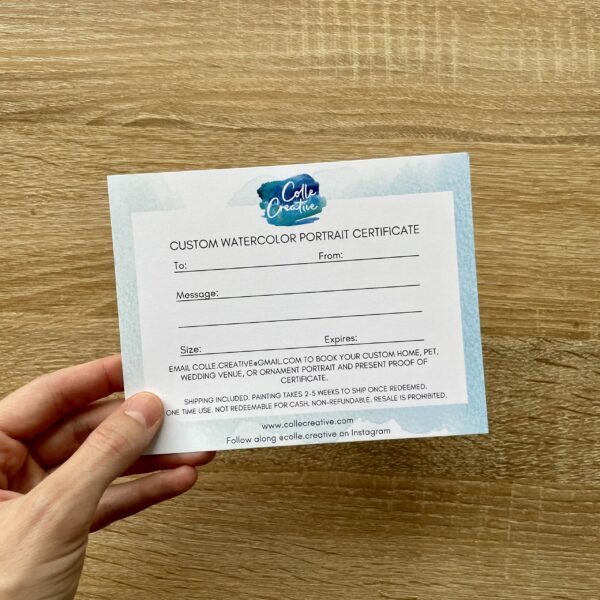 A picture of a custom portrait gift certificate from Colle Creative.