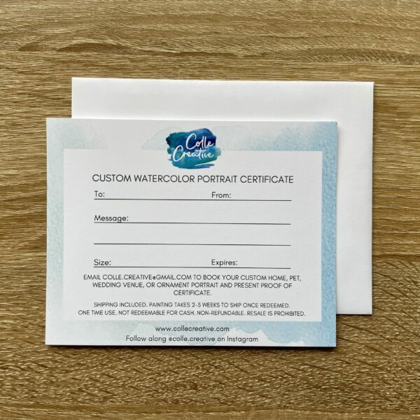 A picture of a custom portrait gift certificate from Colle Creative.