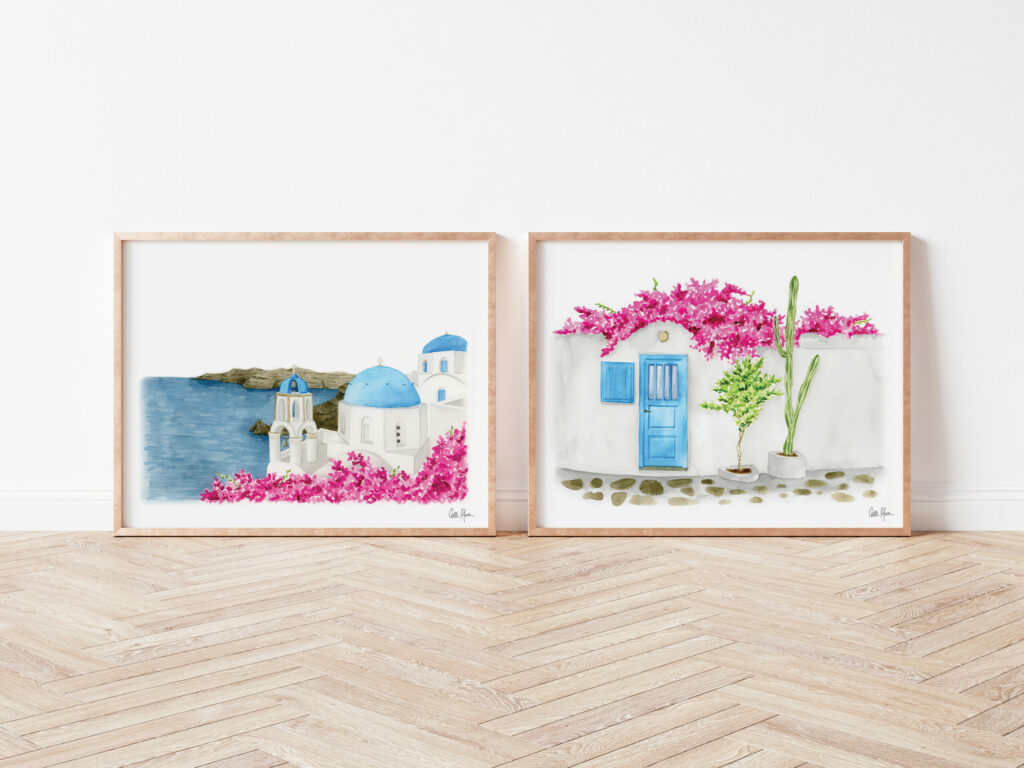 A set of two painting prints of greece landmarks.