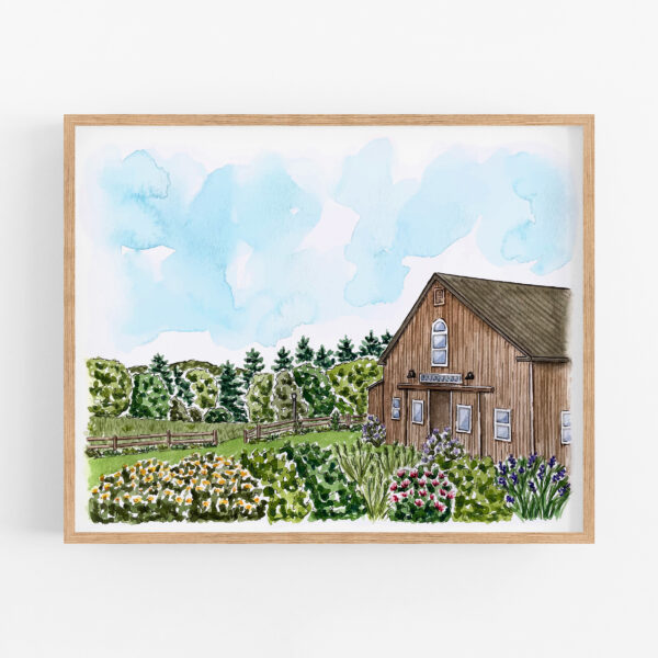 A framed hand painted custom watercolor wedding venue portrait of a barn and lots of flowers and greenery.