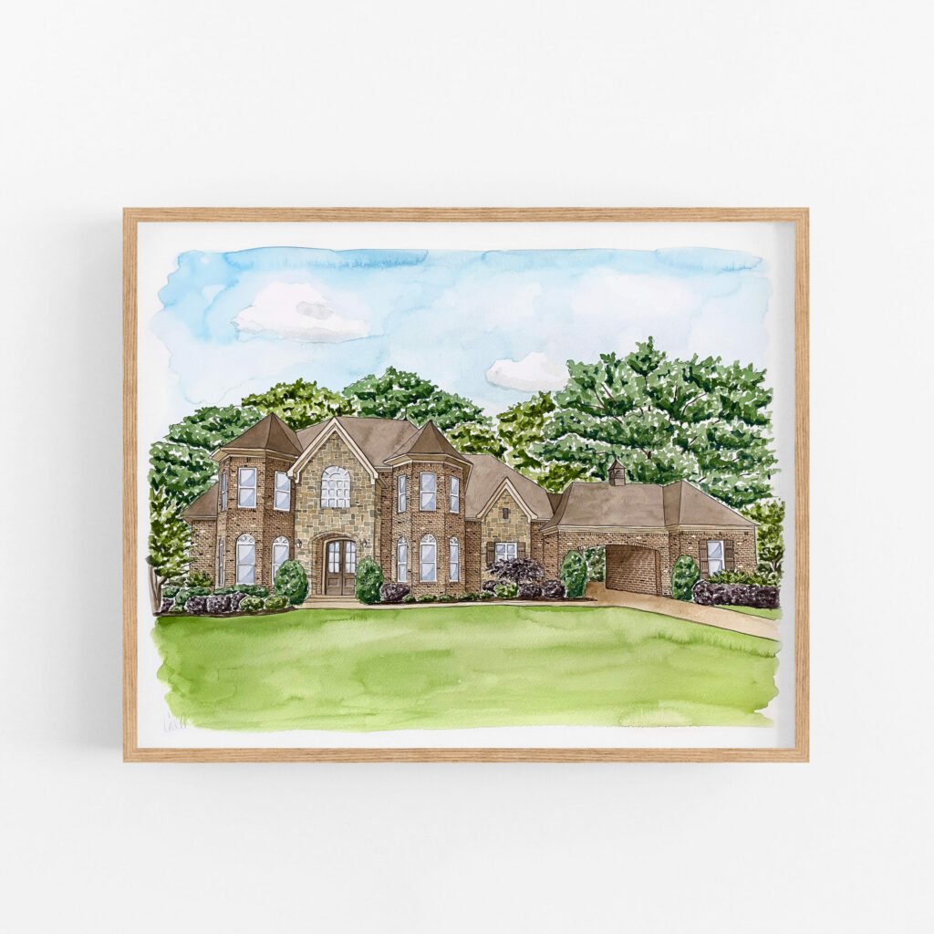 A framed custom house portrait by Colle Creative of a brick and stonework home.