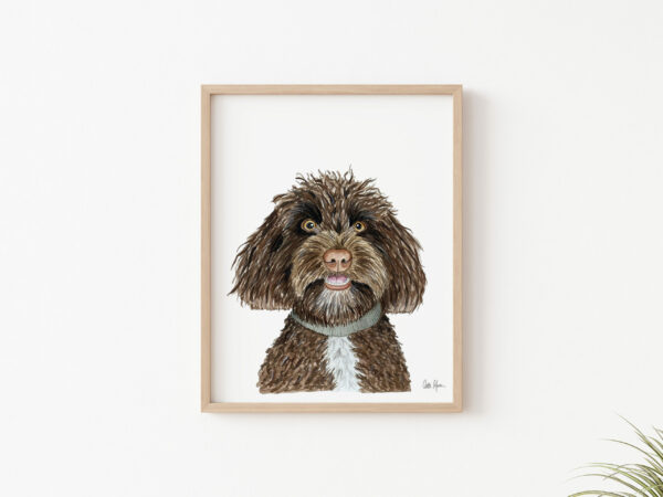 A framed watercolor custom pet portrait by Colle Creative of brown doodle.