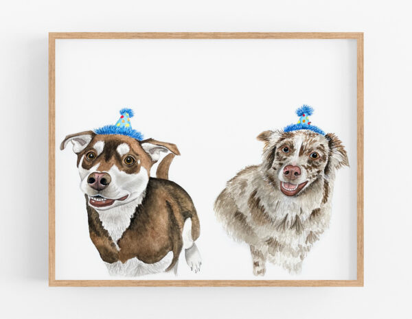 A framed watercolor custom pet portrait by Colle Creative of two dogs - a brown and white mix, and a red merle Australian shepherd.