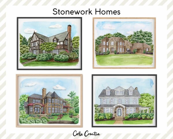 A collection of custom watercolor house portraits by Colle Creative that all have stonework exteriors.